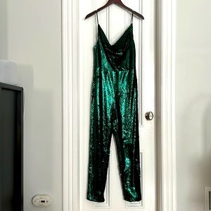 Green Black Halo sequin jumpsuit sz 4